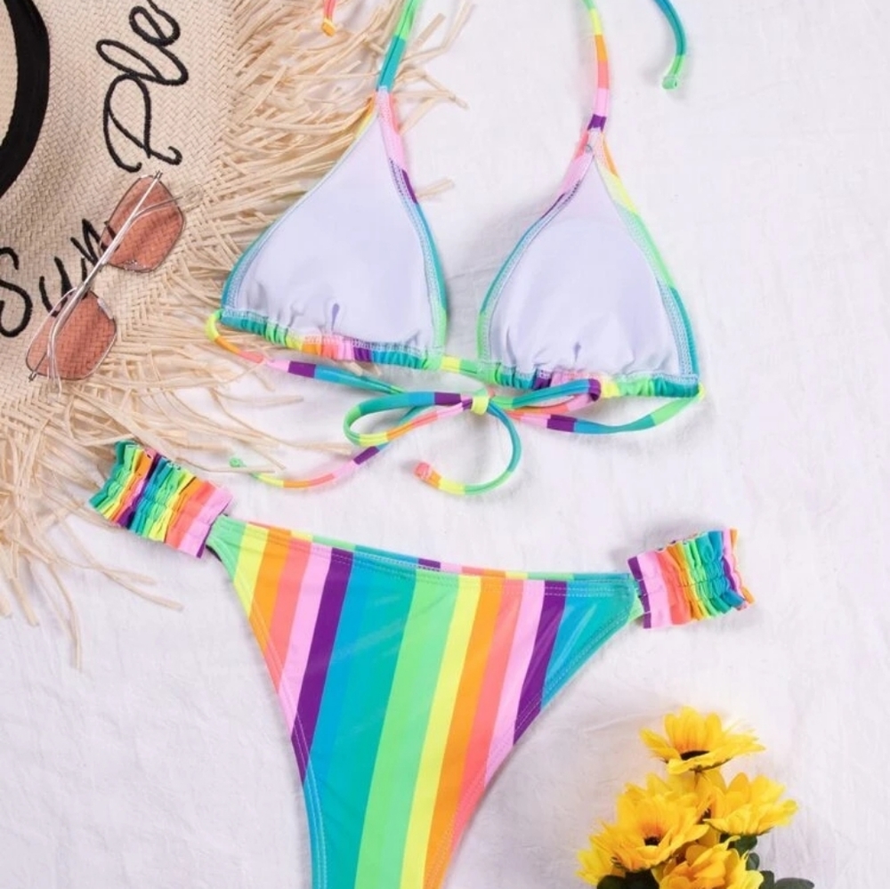 Striped Triangle,❤️🧡💚🩵💙 Rainbow Bikini - Picture 3 of 5